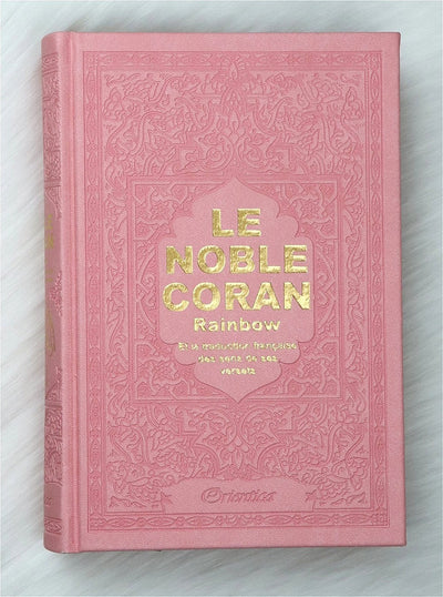Le Noble Coran Avec Pages En Couleur Arc-en-ciel Rose (Rainbow) - Bilingue - Couverture Cuir Rose Clair Doré
